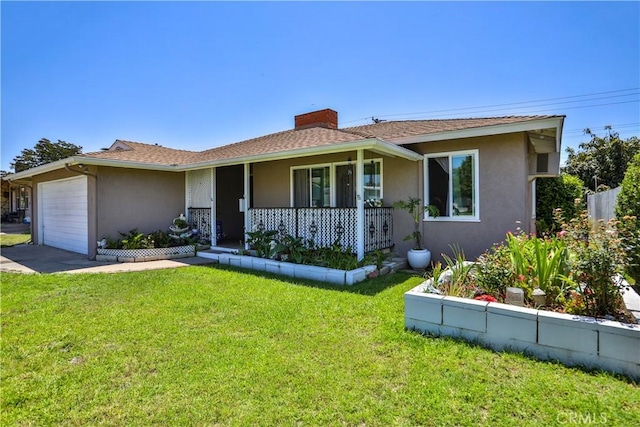 1706 James Pl, Pomona, CA 91767 - ranch-style house with covered porch, stucco siding, a garage, a front yard, and a chimney