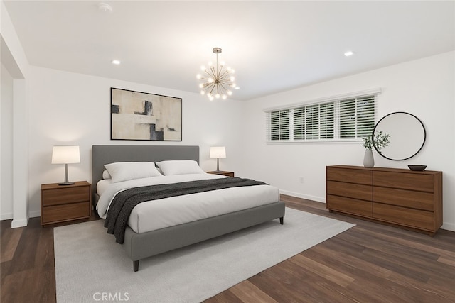 18653 Burbank Blvd Unit 2, Tarzana, CA 91356 - bedroom with a chandelier, dark wood-style floors, baseboards, and recessed lighting