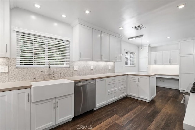 18653 Burbank Blvd Unit 2, Tarzana, CA 91356 - kitchen featuring dishwasher, a peninsula, white cabinetry, dark wood finished floors, and recessed lighting