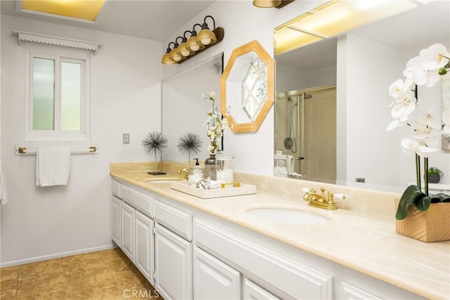 29422 Modjeska Canyon Rd, Modjeska Canyon, CA 92676 - bathroom with double vanity, an enclosed shower, and tile patterned flooring