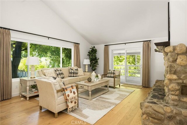 29422 Modjeska Canyon Rd, Modjeska Canyon, CA 92676 - living room featuring light wood finished floors and high vaulted ceiling