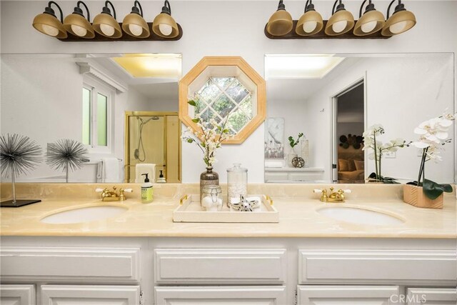 29422 Modjeska Canyon Rd, Modjeska Canyon, CA 92676 - bathroom featuring double vanity, a shower stall, and plenty of natural light