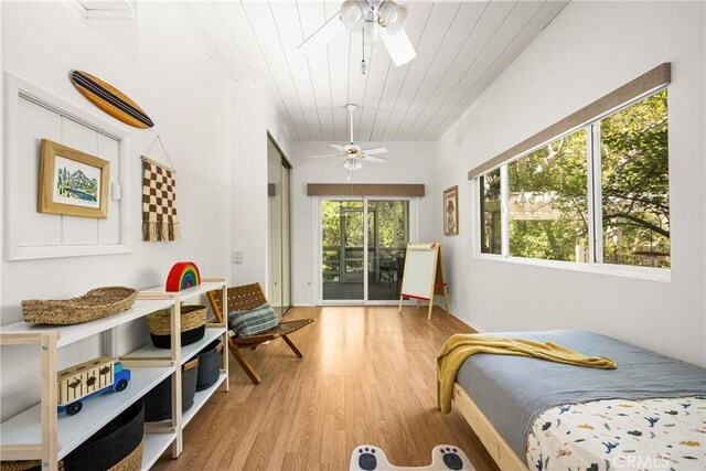 29422 Modjeska Canyon Rd, Modjeska Canyon, CA 92676 - bedroom featuring access to outside, wood finished floors, ceiling fan, and wood ceiling