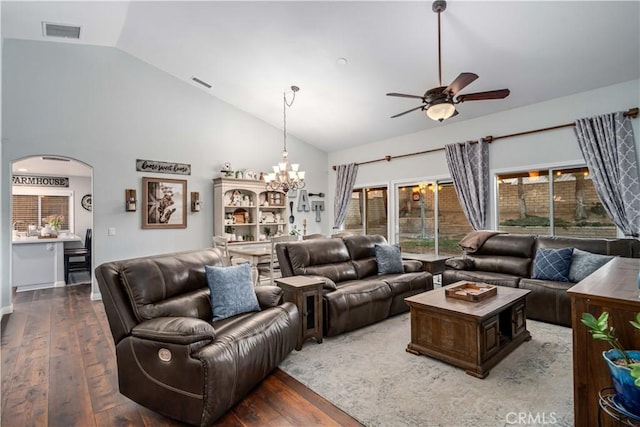 42311 Camden Way, Lancaster, CA 93536 - living area featuring ceiling fan, arched walkways, hardwood / wood-style floors, a chandelier, and high vaulted ceiling