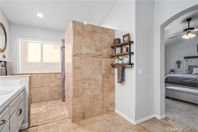 42311 Camden Way, Lancaster, CA 93536 - ensuite bathroom featuring ceiling fan, a walk in shower, vanity, and recessed lighting