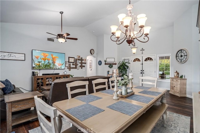 42311 Camden Way, Lancaster, CA 93536 - dining area featuring high vaulted ceiling, dark wood-style flooring, a chandelier, ceiling fan, and french doors