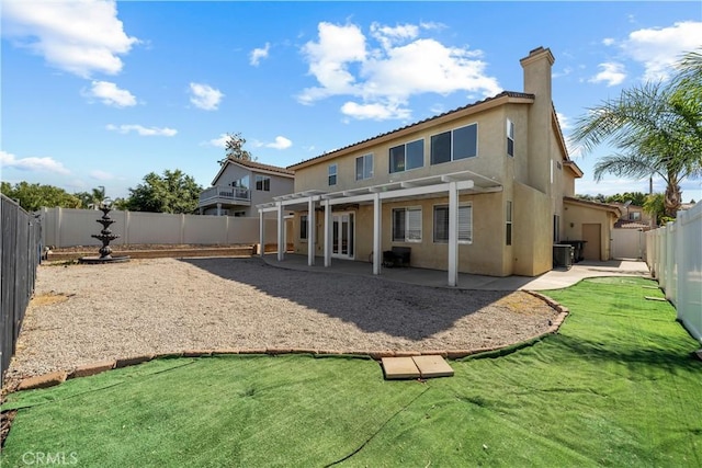 8840 Greenlawn St, Riverside, CA 92508 - rear view of property with a pergola, stucco siding, a patio area, central air condition unit, and a chimney