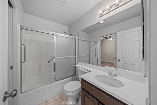 8840 Greenlawn St, Riverside, CA 92508 - bathroom with vanity, bath / shower combo with glass door, ceiling fan, toilet, and tile patterned flooring