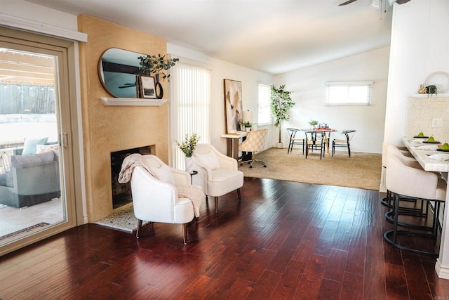 5283 Chollas Pkwy, San Diego, CA 92105 - living area with hardwood / wood-style floors, lofted ceiling, a fireplace, and ceiling fan