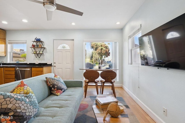 3701 Sunset Ln, Oxnard, CA 93035 - living room featuring light wood-style floors, a ceiling fan, recessed lighting, and baseboards