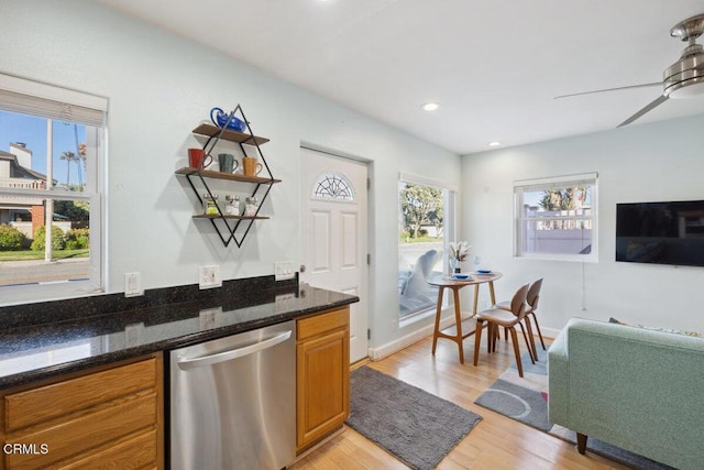 3701 Sunset Ln, Oxnard, CA 93035 - kitchen featuring stainless steel dishwasher, plenty of natural light, open shelves, light wood-type flooring, and recessed lighting