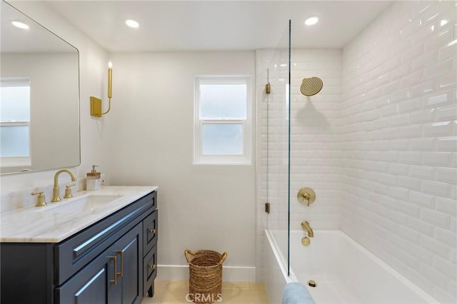 7848 Calmcrest Dr, Downey, CA 90240 - full bath with shower / tub combination, vanity, baseboards, and recessed lighting
