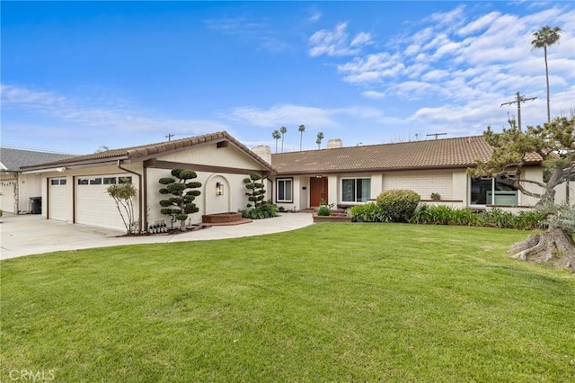 7848 Calmcrest Dr, Downey, CA 90240 - single story home with a garage, a front yard, driveway, a chimney, and a tile roof