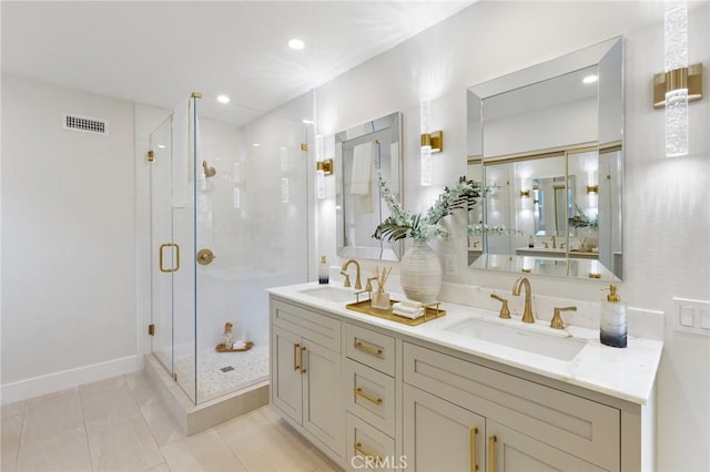7848 Calmcrest Dr, Downey, CA 90240 - bathroom with a stall shower, double vanity, recessed lighting, and baseboards