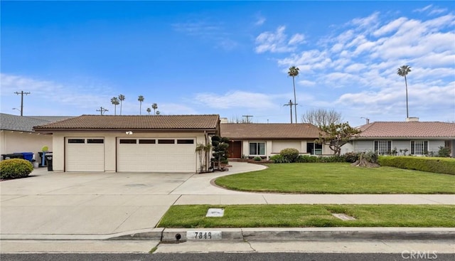 7848 Calmcrest Dr, Downey, CA 90240 - single story home with a garage, driveway, stucco siding, a tiled roof, and a front lawn
