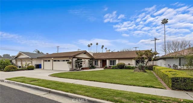 7848 Calmcrest Dr, Downey, CA 90240 - ranch-style home with an attached garage, concrete driveway, a front yard, and a chimney