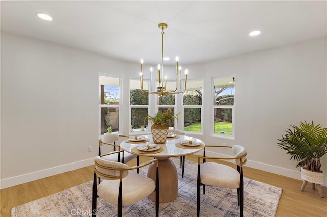 7848 Calmcrest Dr, Downey, CA 90240 - dining area with a chandelier, baseboards, light wood-type flooring, and recessed lighting