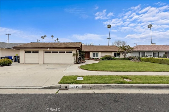 7848 Calmcrest Dr, Downey, CA 90240 - ranch-style house featuring a garage, concrete driveway, a front lawn, stucco siding, and a tile roof