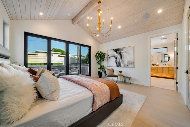 4634 Vesper Ave, Sherman Oaks, CA 91403 - bedroom featuring wooden ceiling, recessed lighting, a chandelier, light wood-type flooring, and connected bathroom