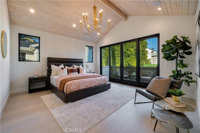 4634 Vesper Ave, Sherman Oaks, CA 91403 - bedroom with access to outside, a chandelier, light wood-style flooring, recessed lighting, and a wooden ceiling with exposed beams