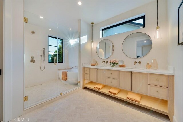 4634 Vesper Ave, Sherman Oaks, CA 91403 - full bathroom with double vanity, a freestanding tub, a stall shower, and recessed lighting