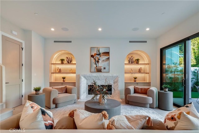 4634 Vesper Ave, Sherman Oaks, CA 91403 - living room with built in shelves, a fireplace, and recessed lighting