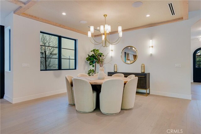 4634 Vesper Ave, Sherman Oaks, CA 91403 - dining room with light wood-style floors, healthy amount of natural light, a chandelier, recessed lighting, and crown molding
