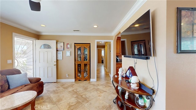 14862 Temple Ave, La Puente, CA 91744 - foyer entrance with ornamental molding, light tile patterned flooring, recessed lighting, and baseboards