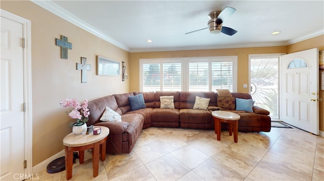 14862 Temple Ave, La Puente, CA 91744 - living area with healthy amount of natural light, ornamental molding, light tile patterned floors, and ceiling fan