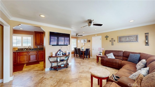 14862 Temple Ave, La Puente, CA 91744 - living room with ceiling fan, healthy amount of natural light, ornamental molding, recessed lighting, and baseboards