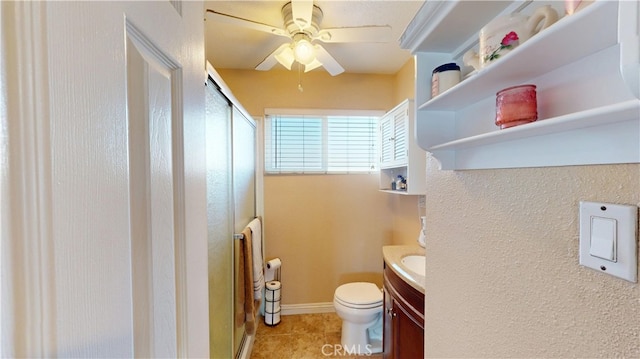 14862 Temple Ave, La Puente, CA 91744 - bathroom with a stall shower, a ceiling fan, toilet, vanity, and tile patterned flooring