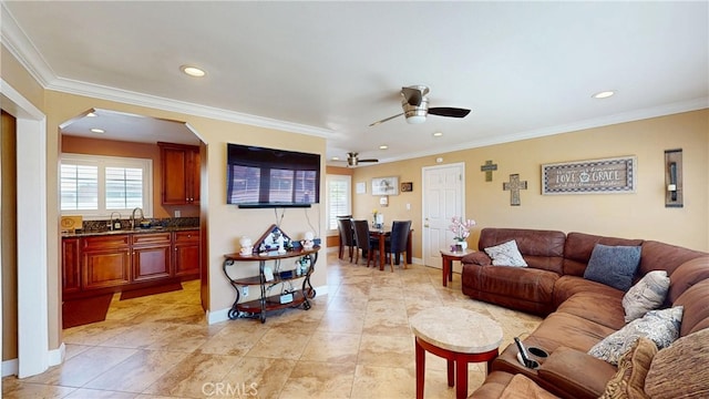 14862 Temple Ave, La Puente, CA 91744 - living room with ceiling fan, plenty of natural light, arched walkways, recessed lighting, and crown molding