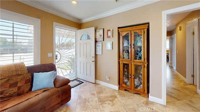 14862 Temple Ave, La Puente, CA 91744 - entryway featuring light tile patterned flooring, healthy amount of natural light, crown molding, baseboards, and recessed lighting