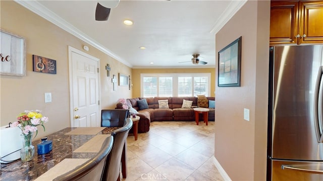 14862 Temple Ave, La Puente, CA 91744 - dining space with a ceiling fan, crown molding, recessed lighting, and light tile patterned floors