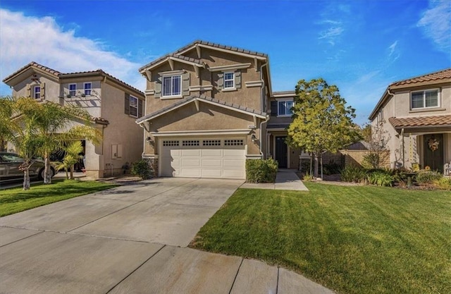 28229 Shirley Ln, Saugus, CA 91350 - view of front of property featuring a garage, driveway, a front yard, stucco siding, and a tiled roof