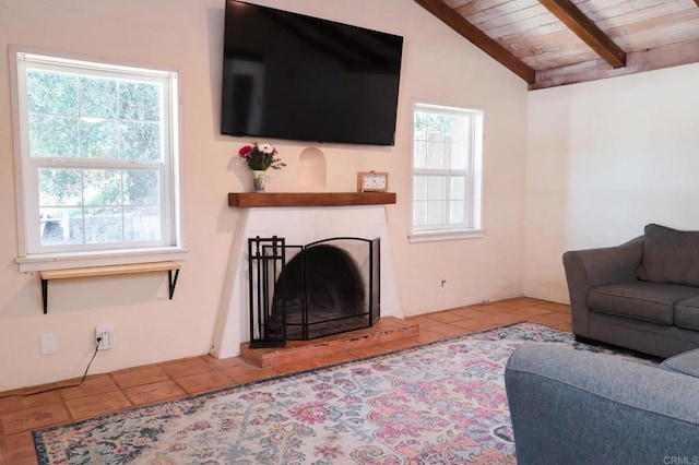 13965 Woods Valley Rd, Valley Center, CA 92082 - tiled living room featuring wooden ceiling and a fireplace
