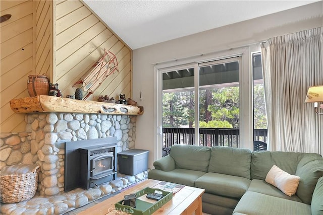 261 Lakeview Blvd Unit 54, Mammoth Lakes, CA 93546 - living room featuring a wood stove and wooden walls