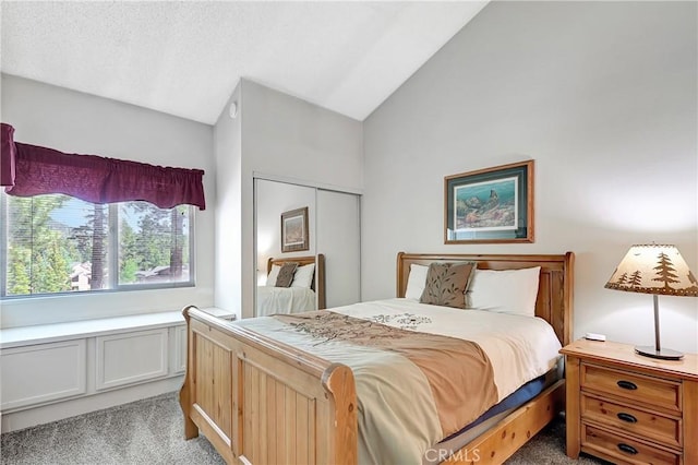 261 Lakeview Blvd Unit 54, Mammoth Lakes, CA 93546 - bedroom with light carpet, lofted ceiling, and a closet