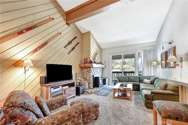 261 Lakeview Blvd Unit 54, Mammoth Lakes, CA 93546 - carpeted living area with wooden walls, a textured ceiling, and a fireplace
