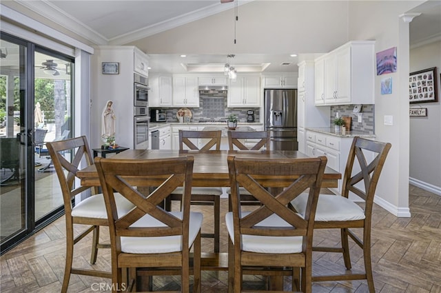 41167 Via Cielito, Temecula, CA 92591 - dining room featuring ceiling fan, crown molding, and lofted ceiling