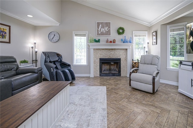 41167 Via Cielito, Temecula, CA 92591 - living area with vaulted ceiling, plenty of natural light, a fireplace, ornamental molding, and recessed lighting
