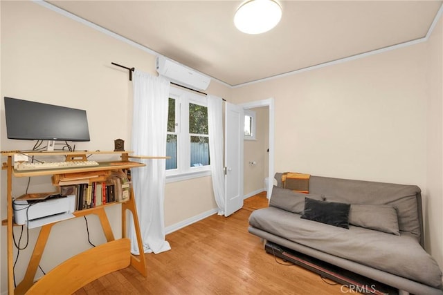 225 E 56th St, Long Beach, CA 90805 - living room featuring a wall mounted air conditioner, wood finished floors, and crown molding