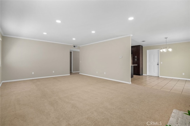 18557 Mescal St, Rowland Heights, CA 91748 - spare room featuring light colored carpet, a chandelier, ornamental molding, baseboards, and recessed lighting