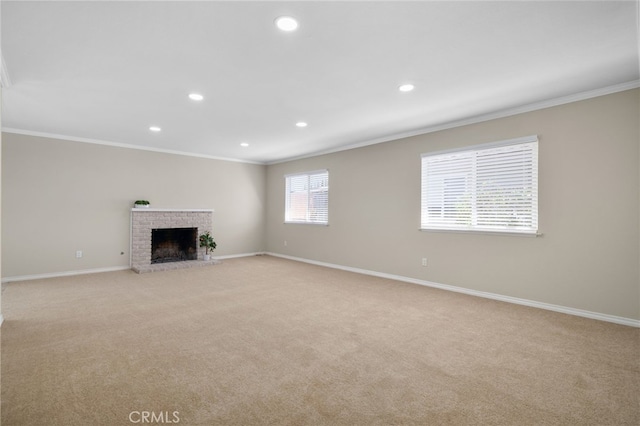 18557 Mescal St, Rowland Heights, CA 91748 - unfurnished living room with ornamental molding, recessed lighting, light colored carpet, baseboards, and a brick fireplace