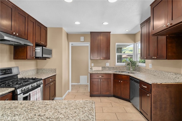 18557 Mescal St, Rowland Heights, CA 91748 - kitchen with stainless steel appliances, under cabinet range hood, a sink, light tile patterned floors, and baseboards