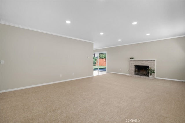 18557 Mescal St, Rowland Heights, CA 91748 - unfurnished living room featuring ornamental molding, recessed lighting, baseboards, carpet floors, and a brick fireplace