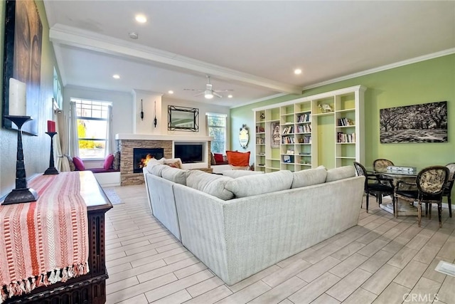 35450 Calle Nopal, Temecula, CA 92592 - living room featuring ornamental molding, a fireplace, a ceiling fan, light wood finished floors, and recessed lighting