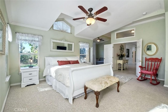 35450 Calle Nopal, Temecula, CA 92592 - bedroom with vaulted ceiling, multiple windows, light colored carpet, ornamental molding, and ceiling fan