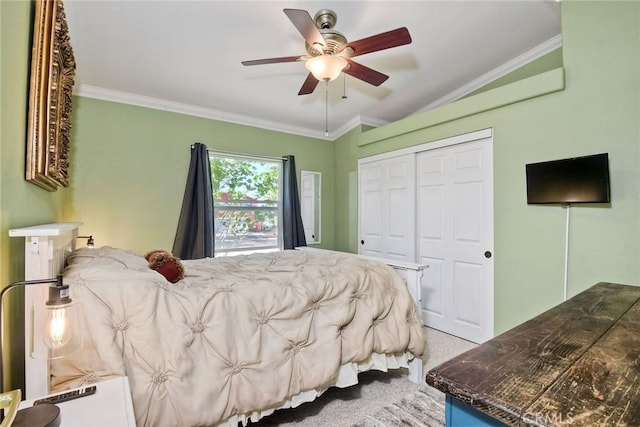 35450 Calle Nopal, Temecula, CA 92592 - bedroom featuring crown molding, carpet, a closet, ceiling fan, and vaulted ceiling