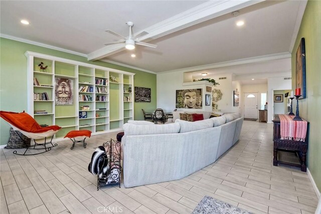 35450 Calle Nopal, Temecula, CA 92592 - living area featuring crown molding, recessed lighting, a ceiling fan, and wood finished floors